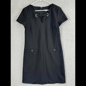 Tommy Hilfiger Dress Womens 10 Black Short Sleeve V Neck Back Zip Stretch